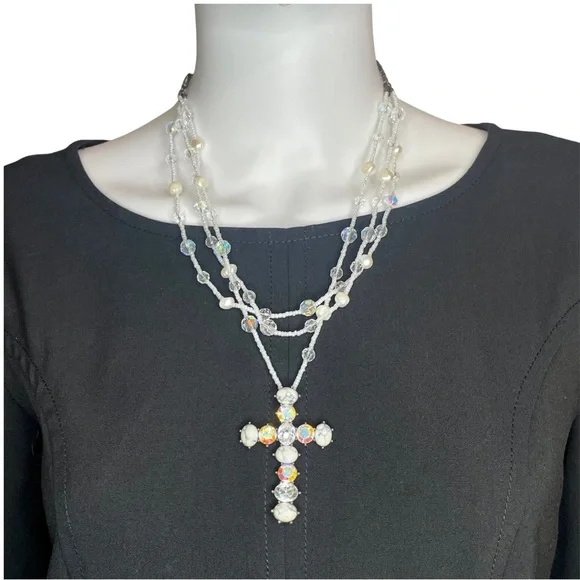 Freshwater Pearl & Swarovski Crystal Tri-Strand Cross Necklace and Earrings